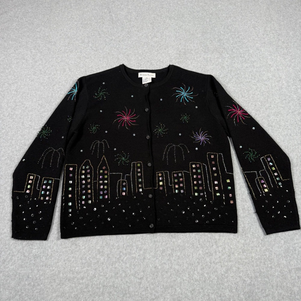 Vintage Robert Scott Merino Wool Cardigan Black Beaded Skyline New Years Medium